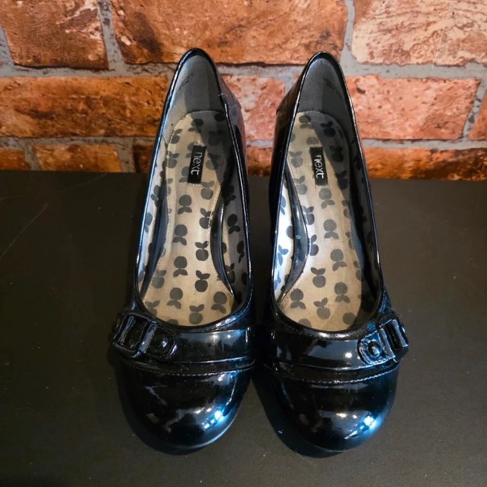 Next Glossy Black Heels with Buckle